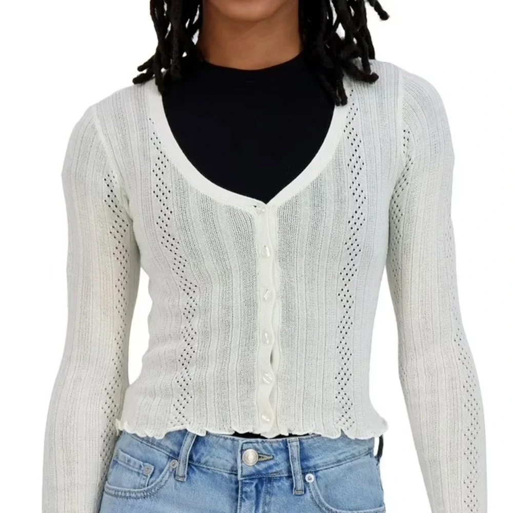 Aeropostale Womens Cropped Cardigan White XS Knit Lettuce Trim V-Neck Sweater